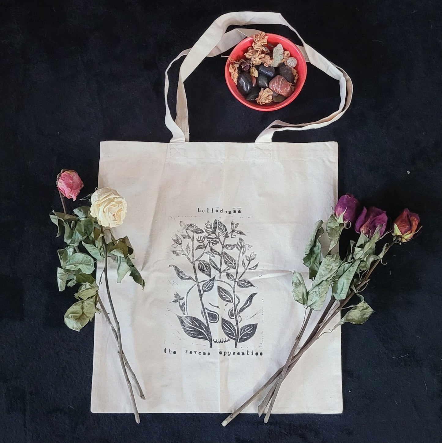 Belladonna linocut hand printed cotton tote bag