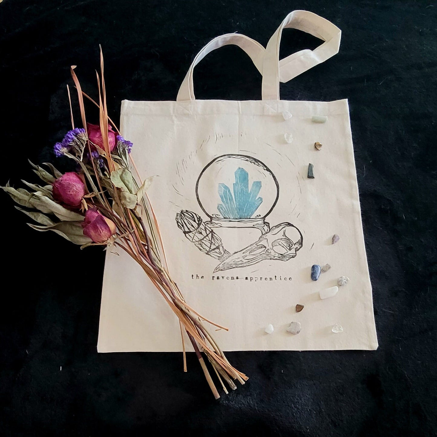 Hand printed tote bag "The Raven's Altar" recycled cotton