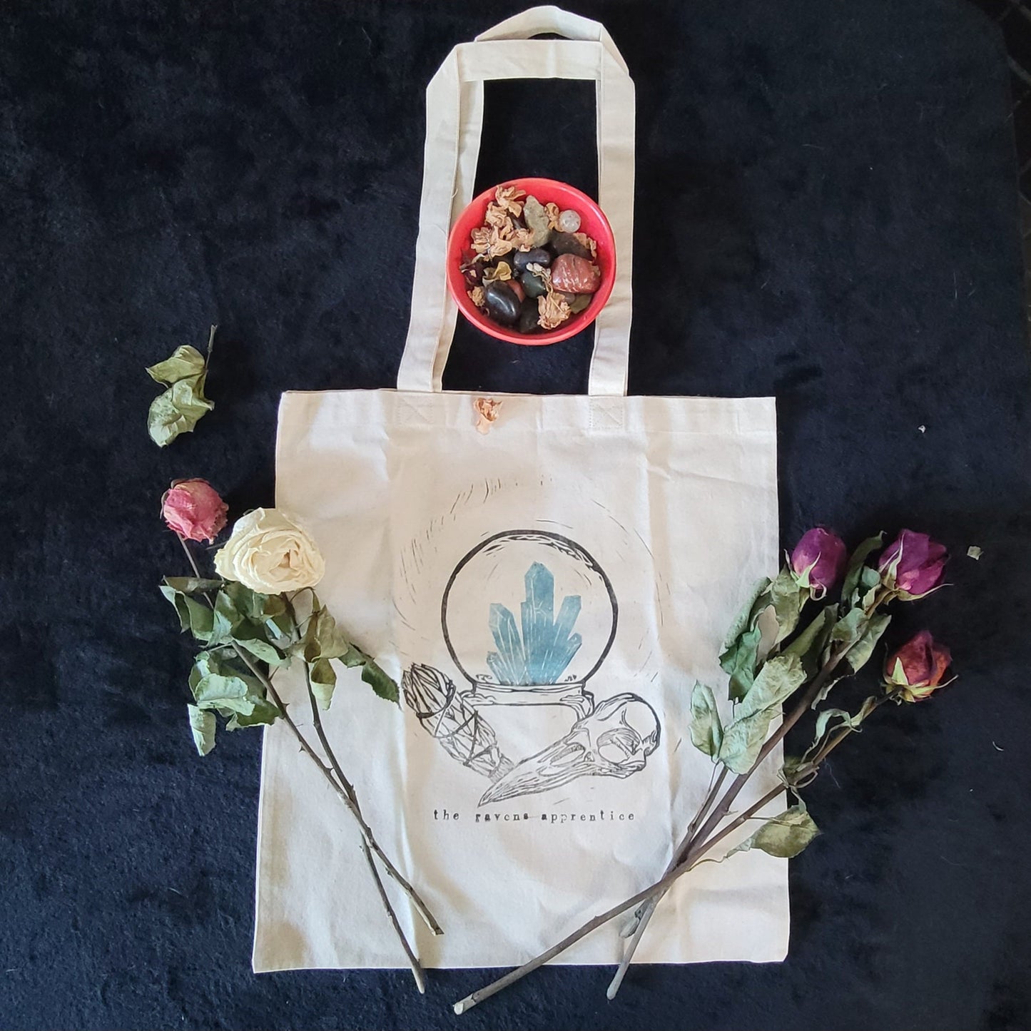 Hand printed tote bag "The Raven's Altar" recycled cotton
