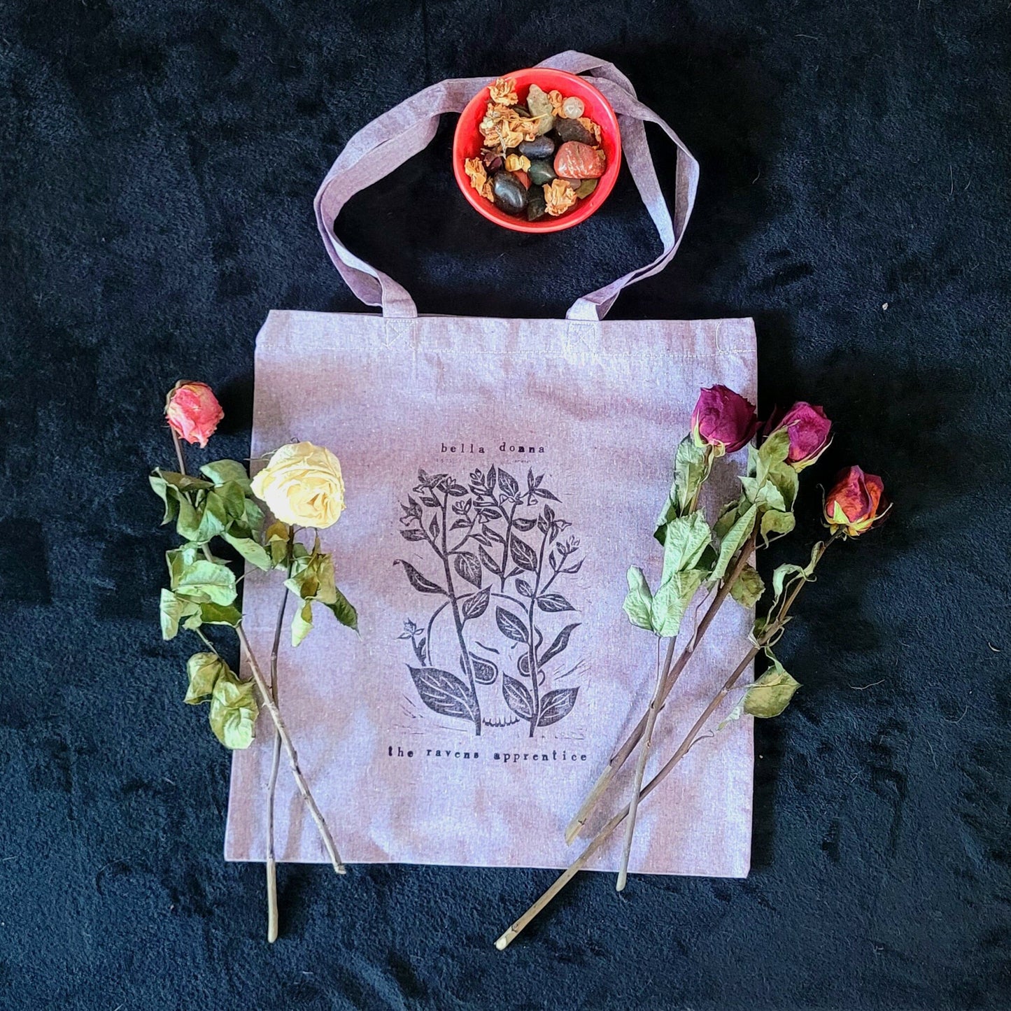 Belladonna linocut hand printed cotton tote bag