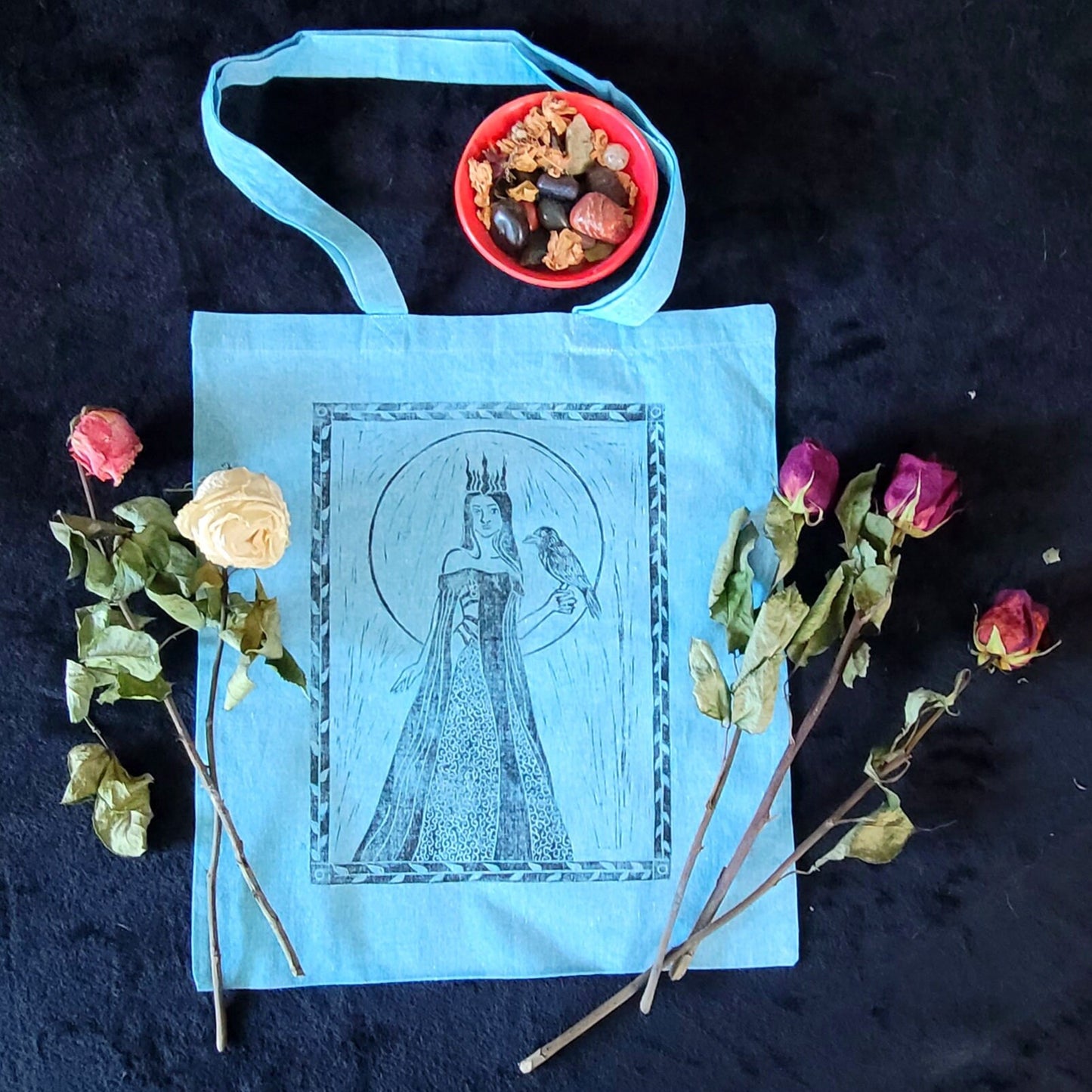 Hand printed Morrigan cotton tote bag