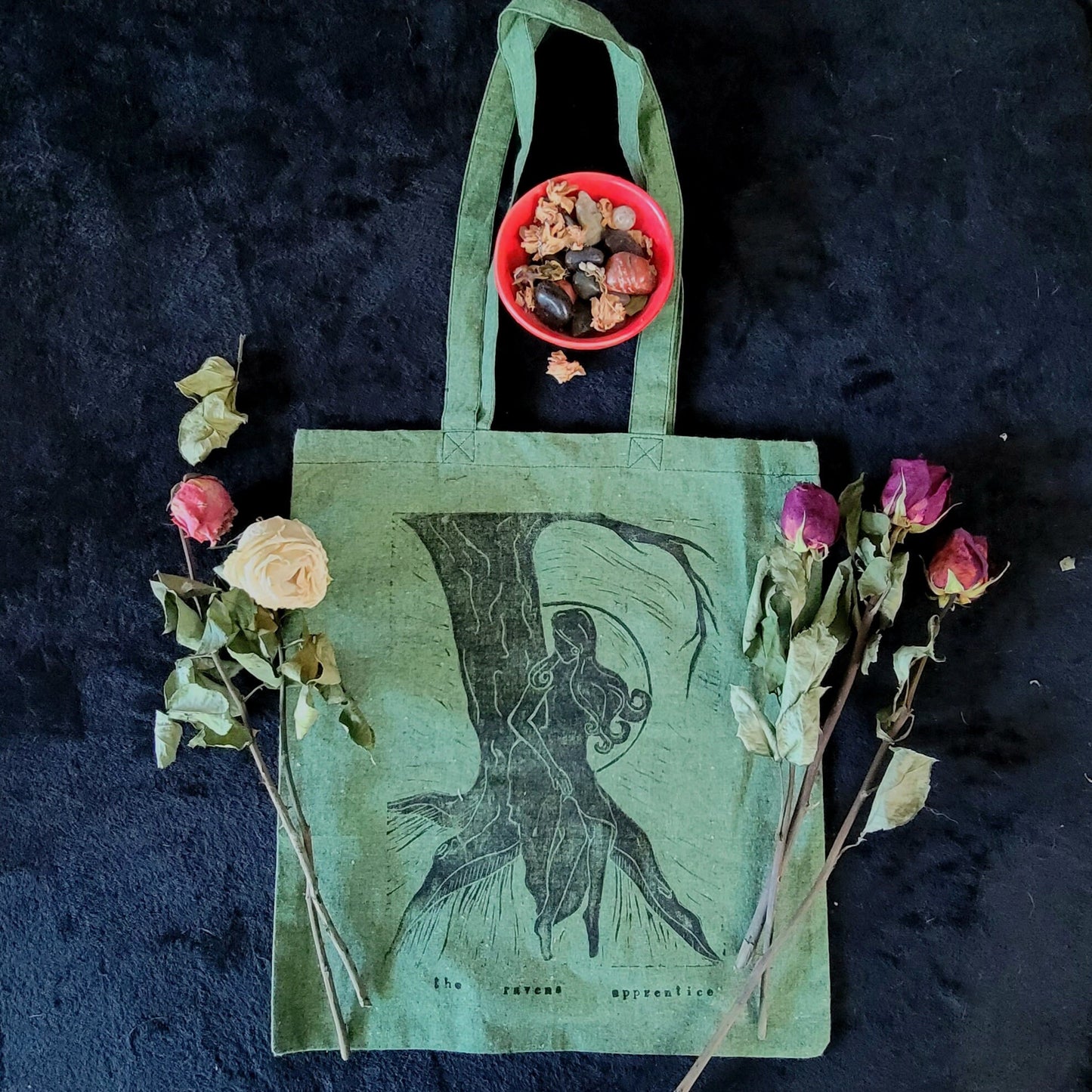 Hand printed Moon Maiden cotton tote bag