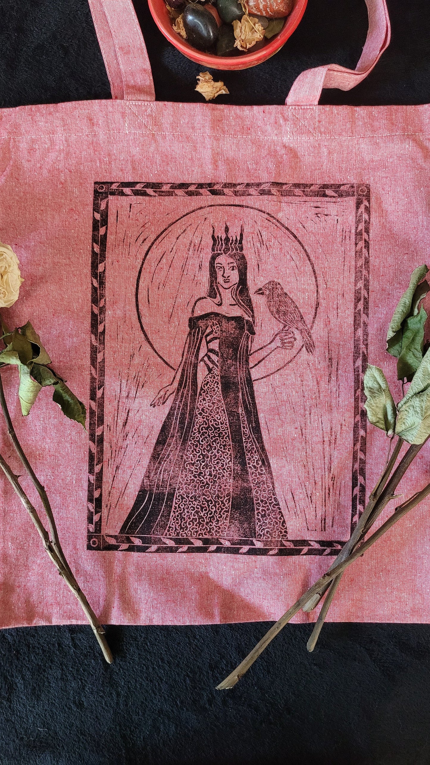 Hand printed Morrigan cotton tote bag