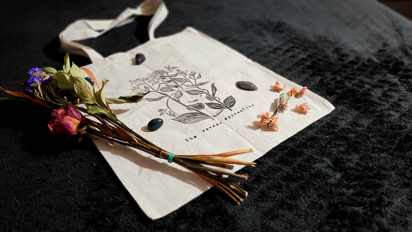 Belladonna linocut hand printed cotton tote bag