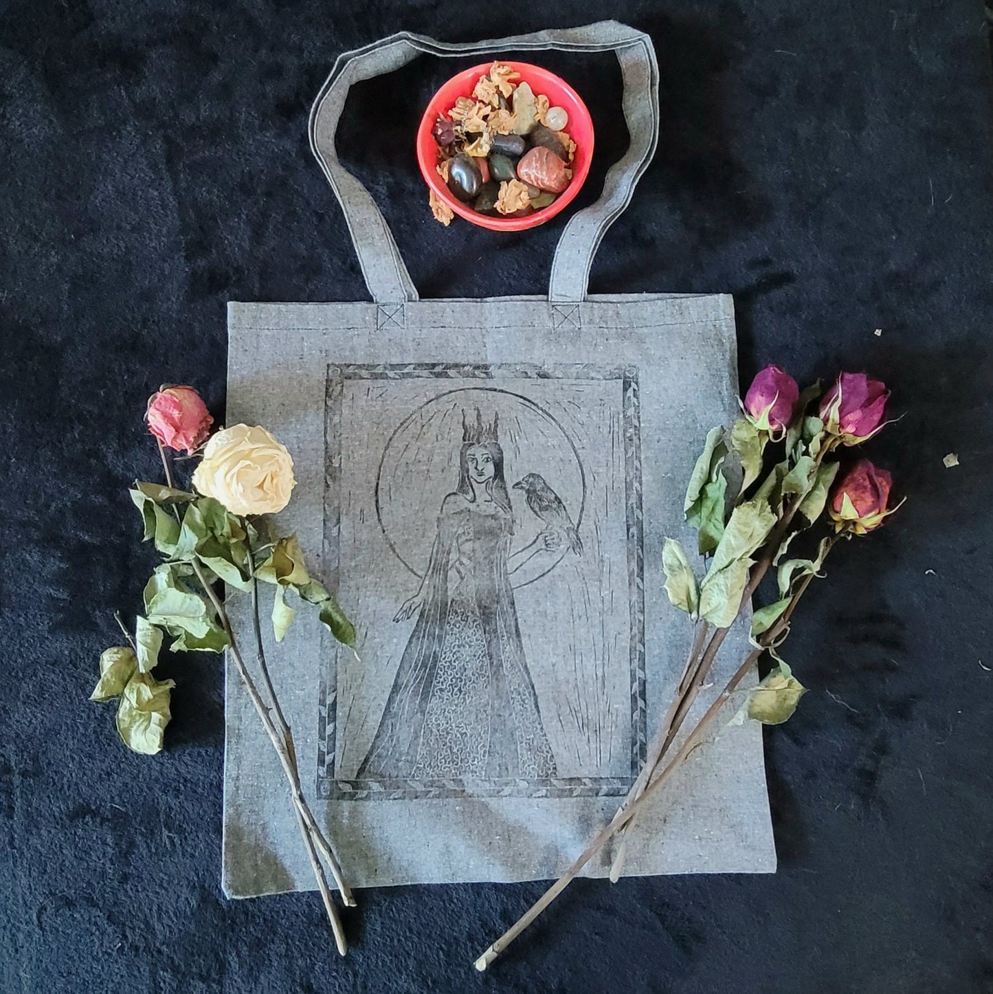Hand printed Morrigan cotton tote bag