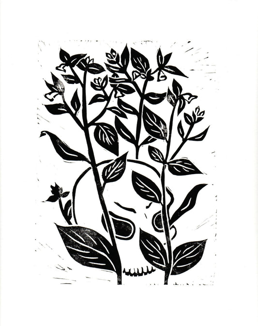 Belladonna relief print memento mori linocut wall art