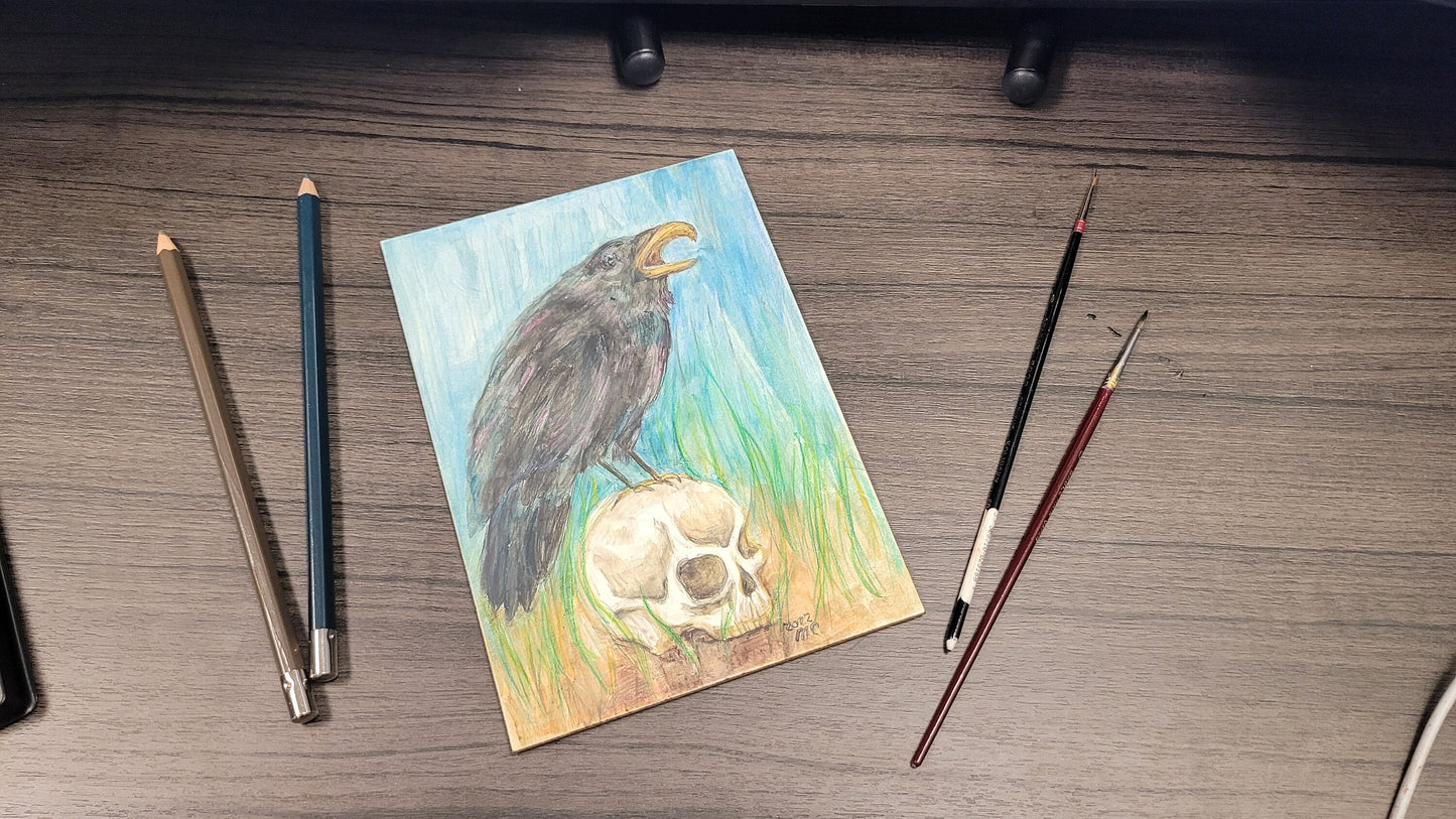 Crow Watercolor on clayboard