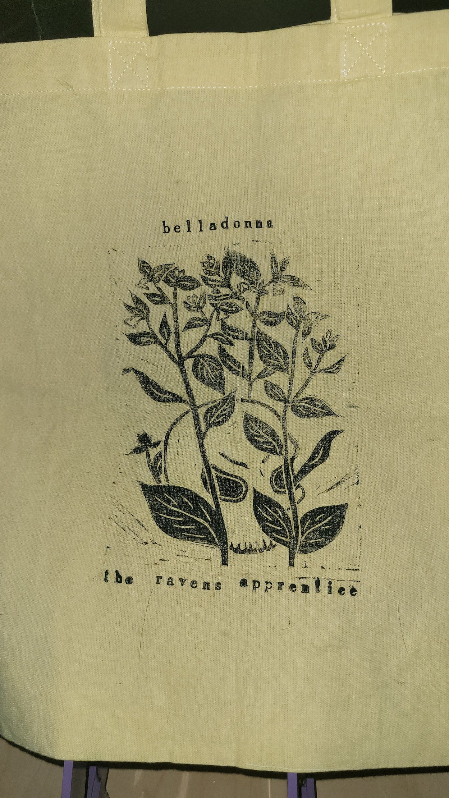 Belladonna linocut hand printed cotton tote bag