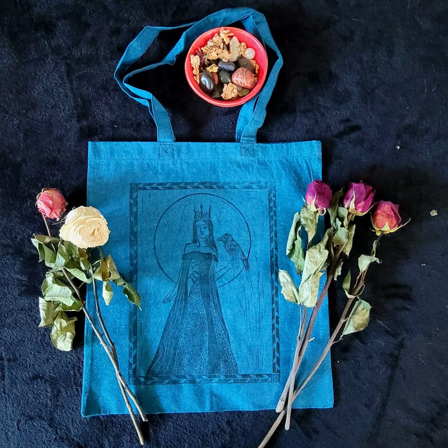 Hand printed Morrigan cotton tote bag
