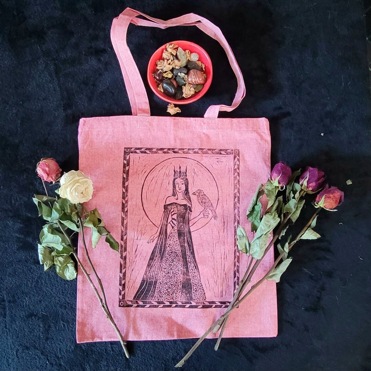 Hand printed Morrigan cotton tote bag
