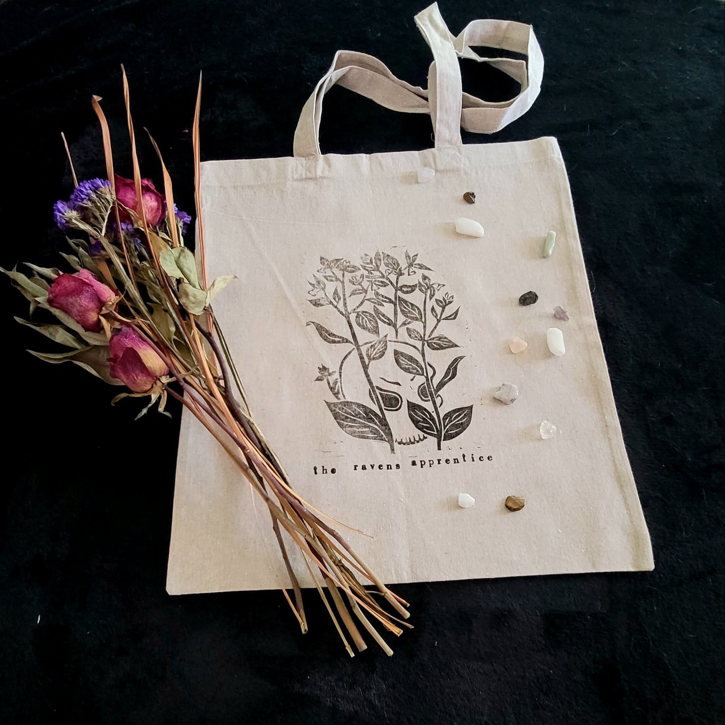 Belladonna linocut hand printed cotton tote bag