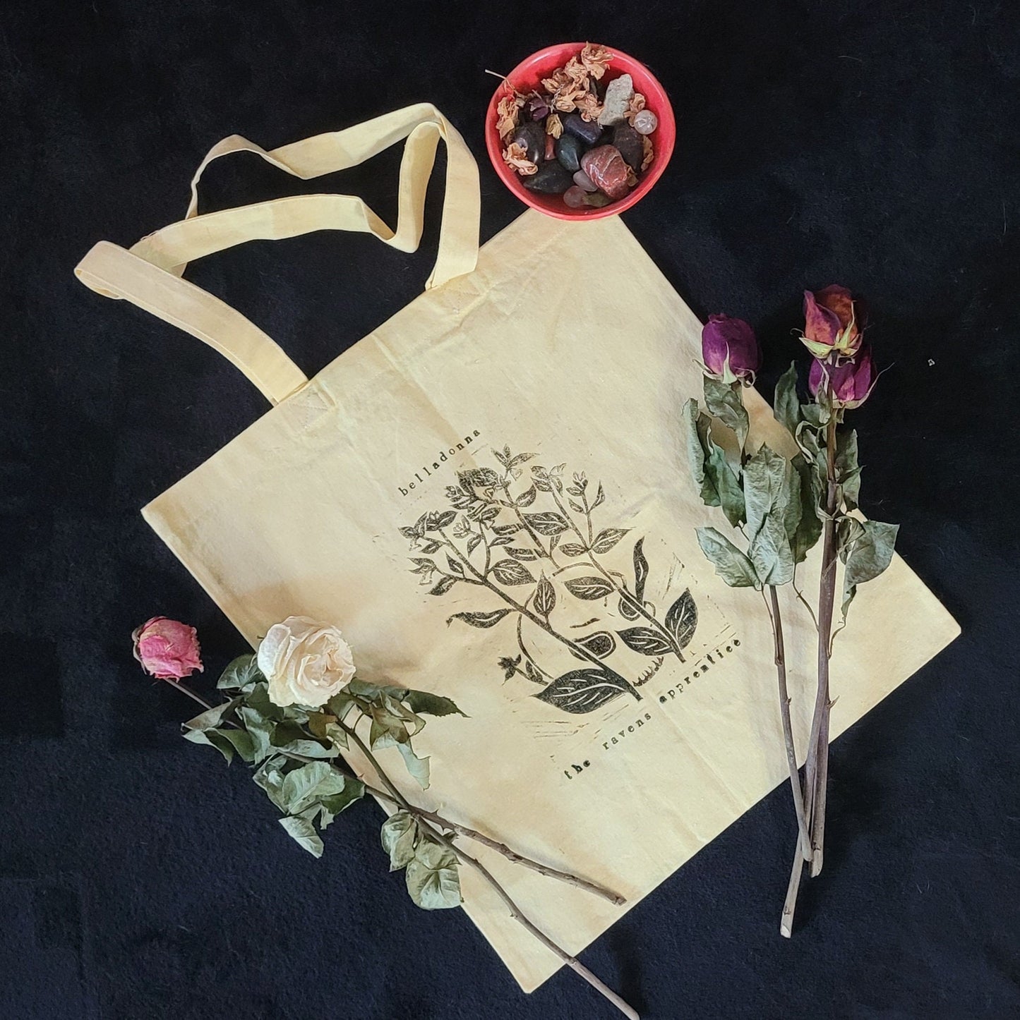 Belladonna linocut hand printed cotton tote bag