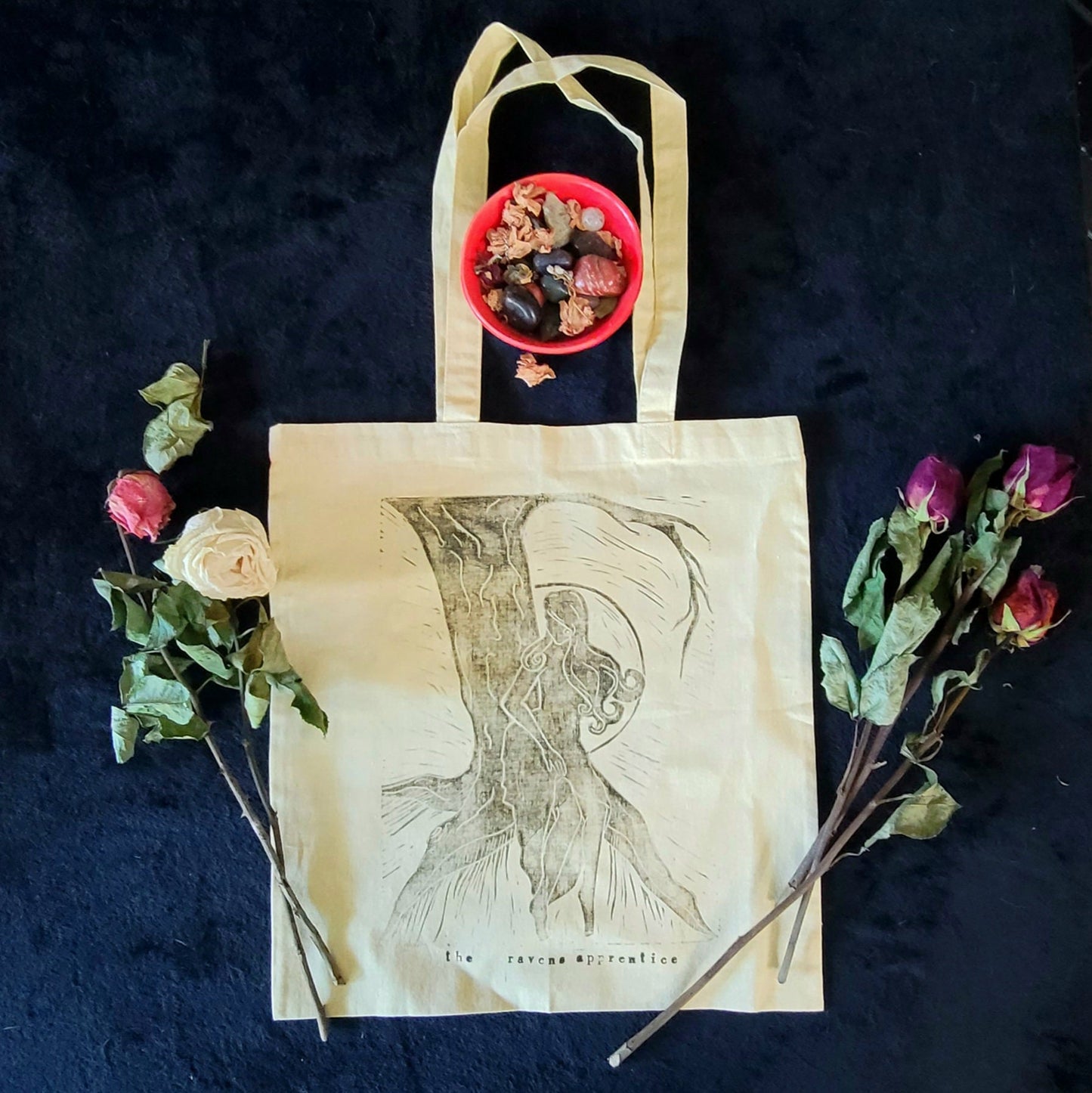 Hand printed Moon Maiden cotton tote bag