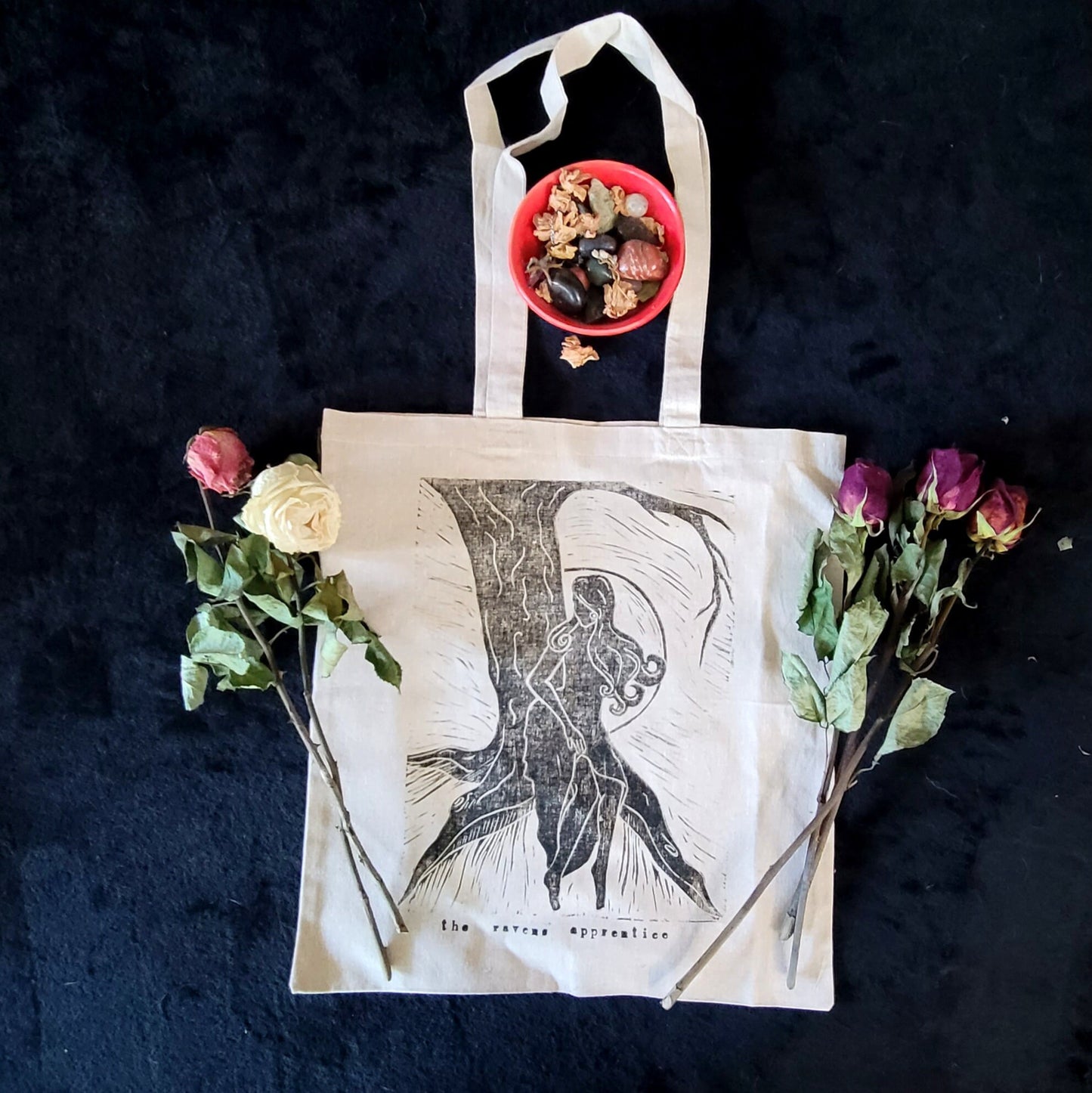 Hand printed Moon Maiden cotton tote bag