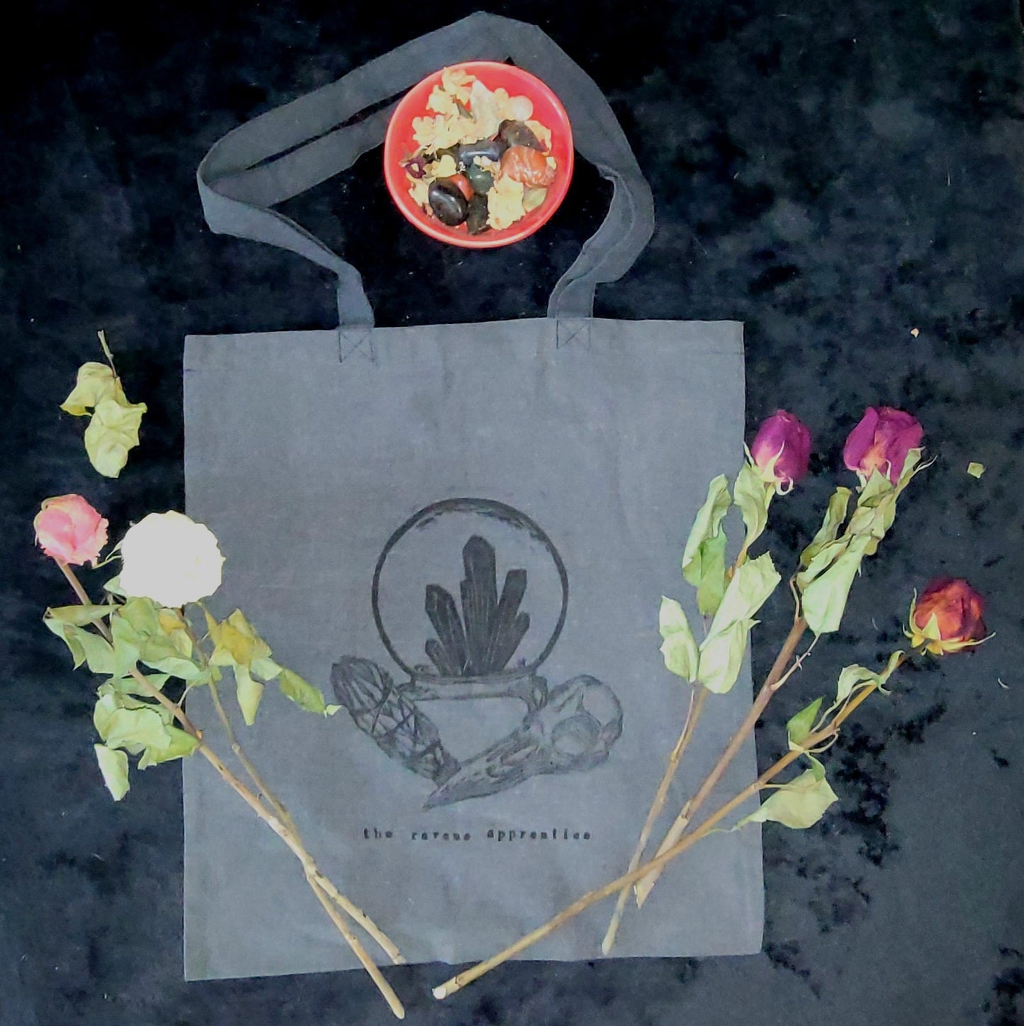 Hand printed tote bag "The Raven's Altar" recycled cotton