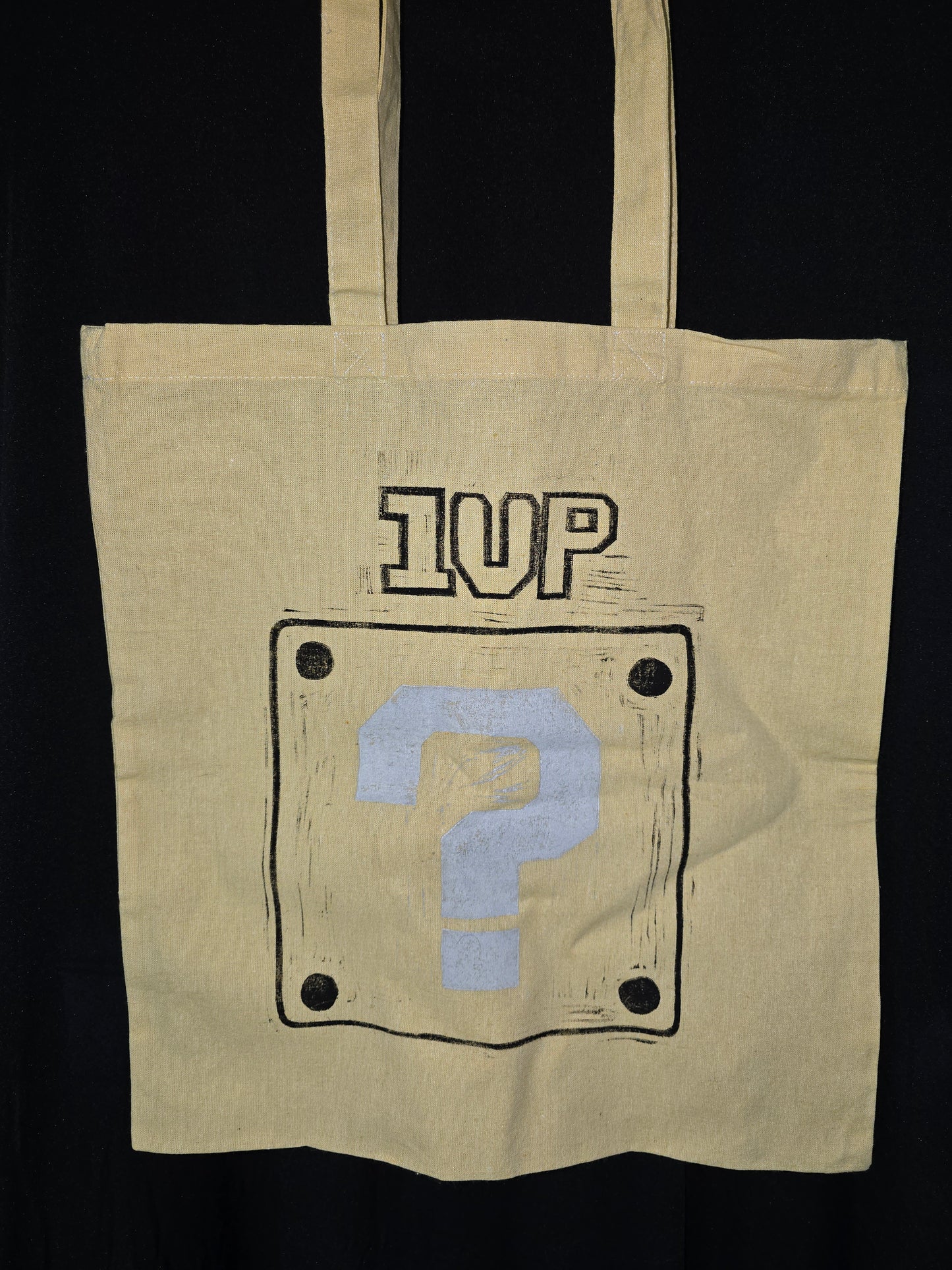 1-Up linocut hand printed cotton tote bag