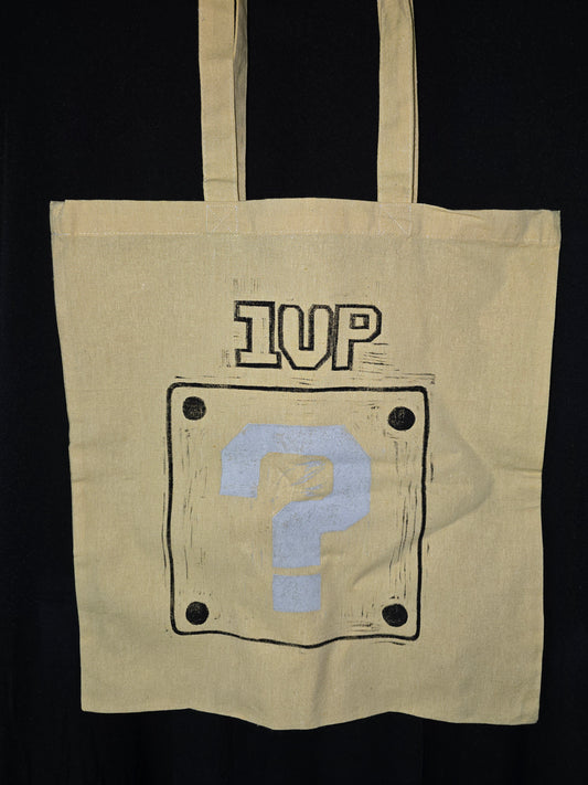1-Up linocut hand printed cotton tote bag