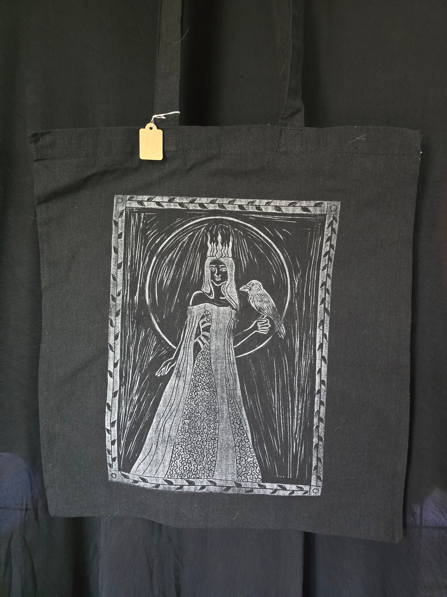 Hand printed Morrigan cotton tote bag