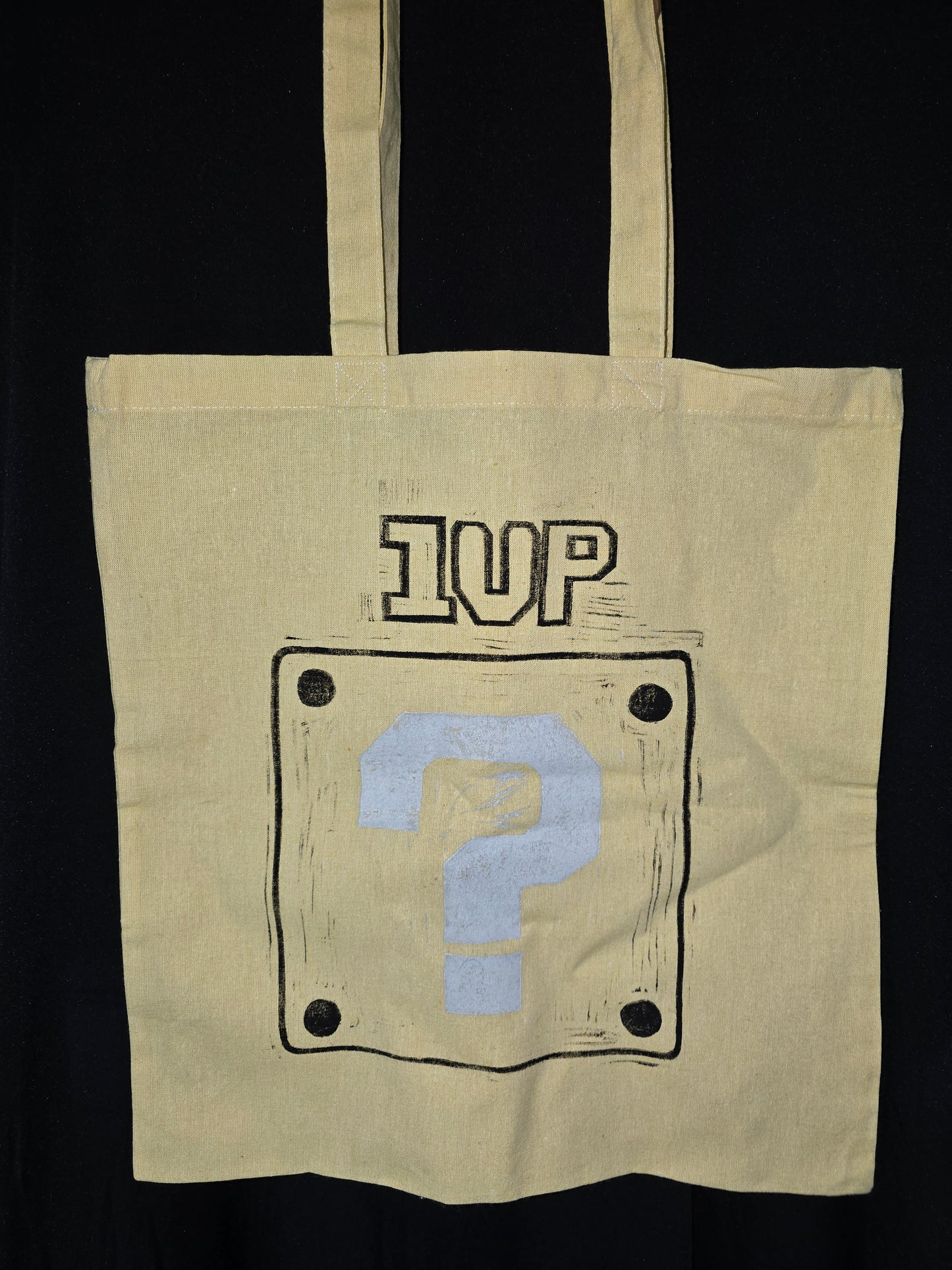 1-Up linocut hand printed cotton tote bag