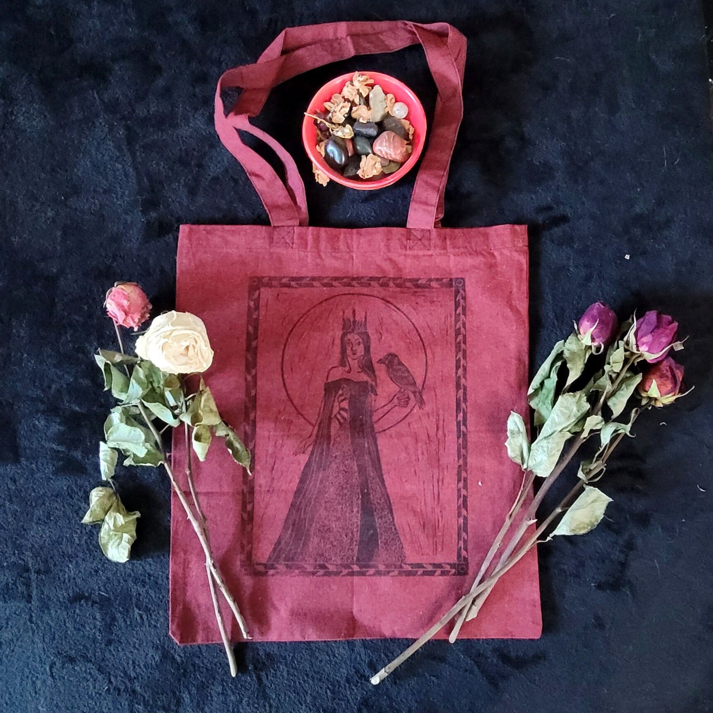 Hand printed Morrigan cotton tote bag