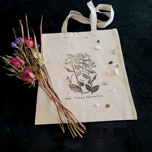 Belladonna linocut hand printed cotton tote bag