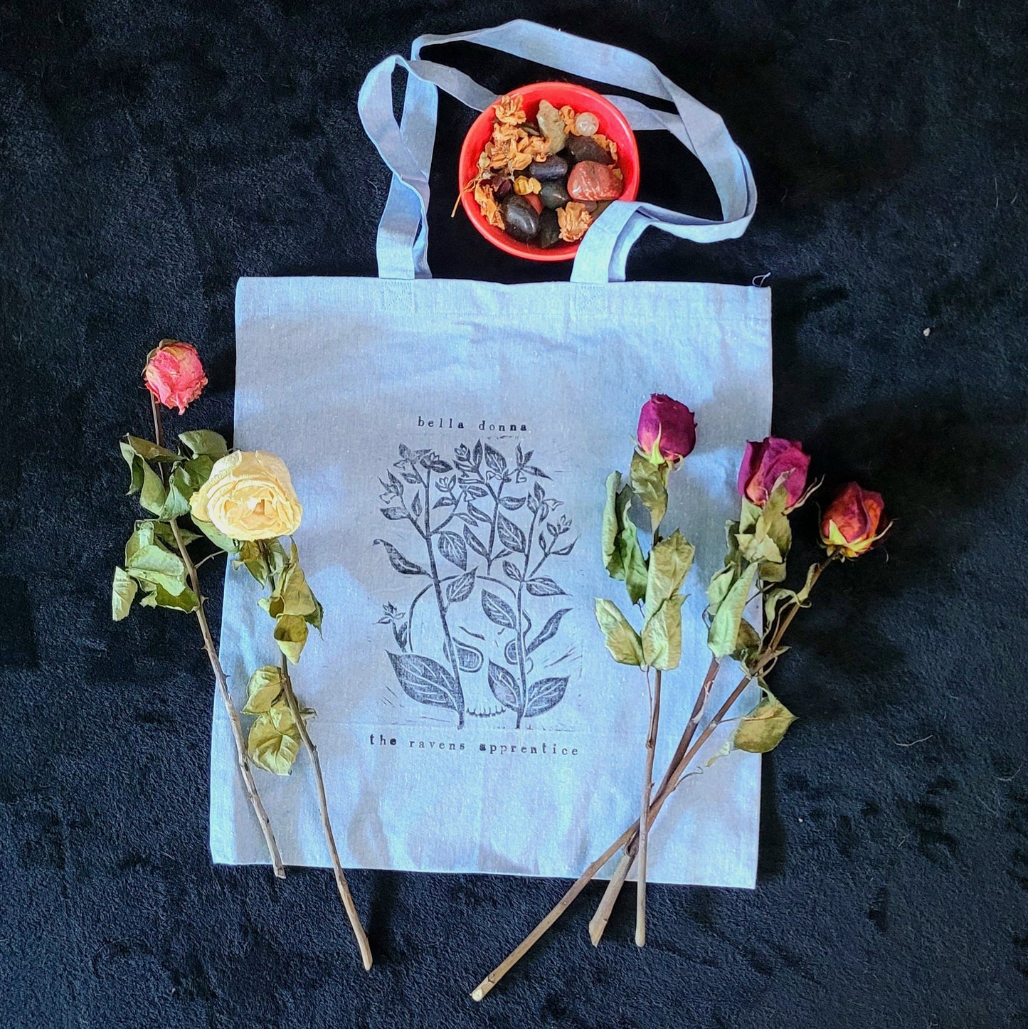 Belladonna linocut hand printed cotton tote bag